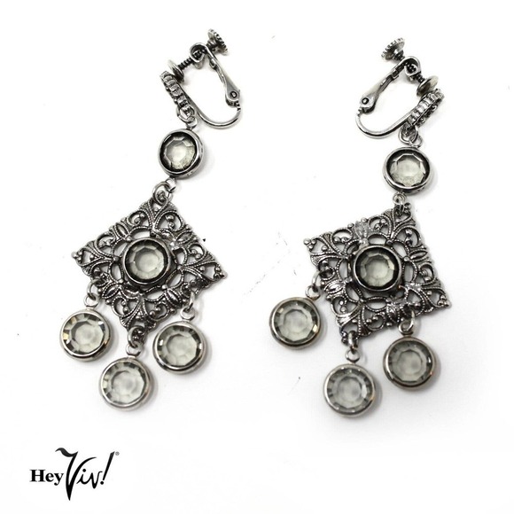 Vintage 1980s Silver Fancy Dangle Clip On Earrings New/Old Store Stock -Hey Viv - Picture 1 of 5